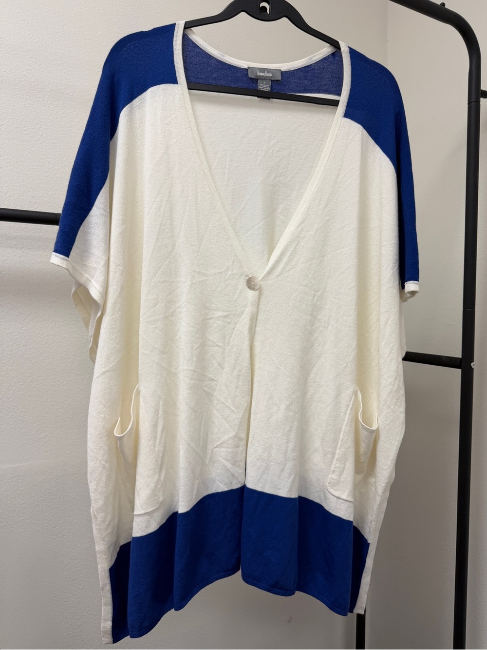 Neiman Marcus White Blue Colorblock Poncho Cardigan Cape Wrap Sz S